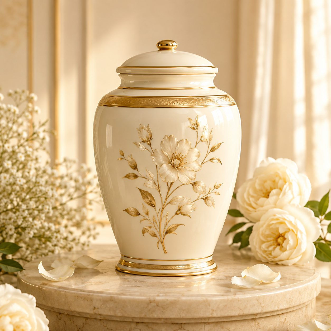 Urna cineraria in ceramica avorio e oro con motivo floreale - cremazione Napoli